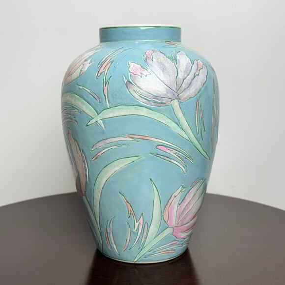 J837 - Light Blue Porcelain Vase With pink Flowers - 10in Tall - Picture 10 of 11